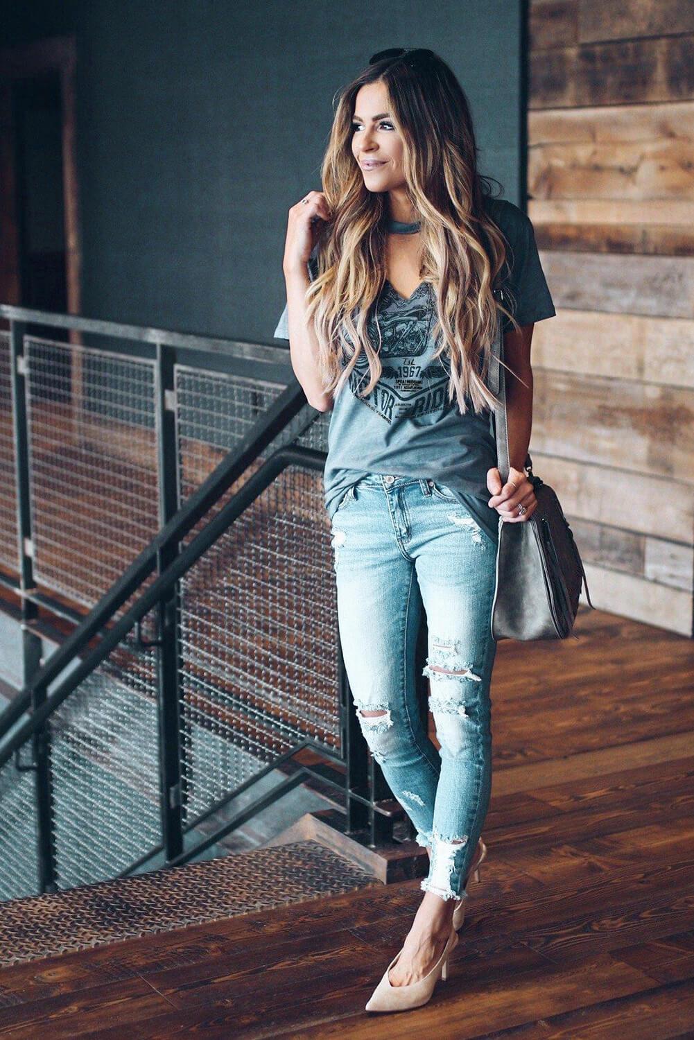 Gray Funny Motorcycle Printed Halter V-Neck Short Sleeve T-Shirt featuring a chic motorcycle print and relaxed fit design.