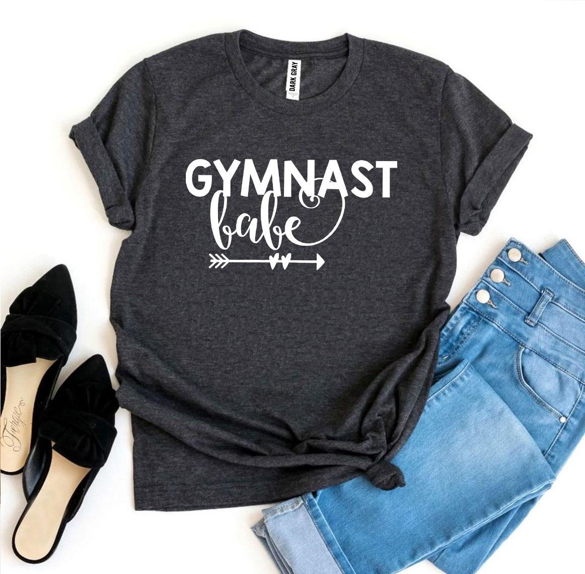 Gymnast Babe T-shirt made from premium ring spun cotton, featuring a vibrant flex print design, available in various sizes.