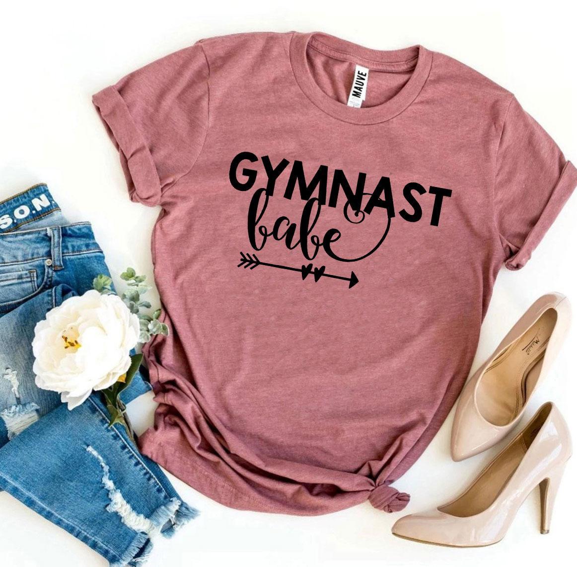 Gymnast Babe T-shirt made from premium ring spun cotton, featuring a vibrant flex print design, available in various sizes.