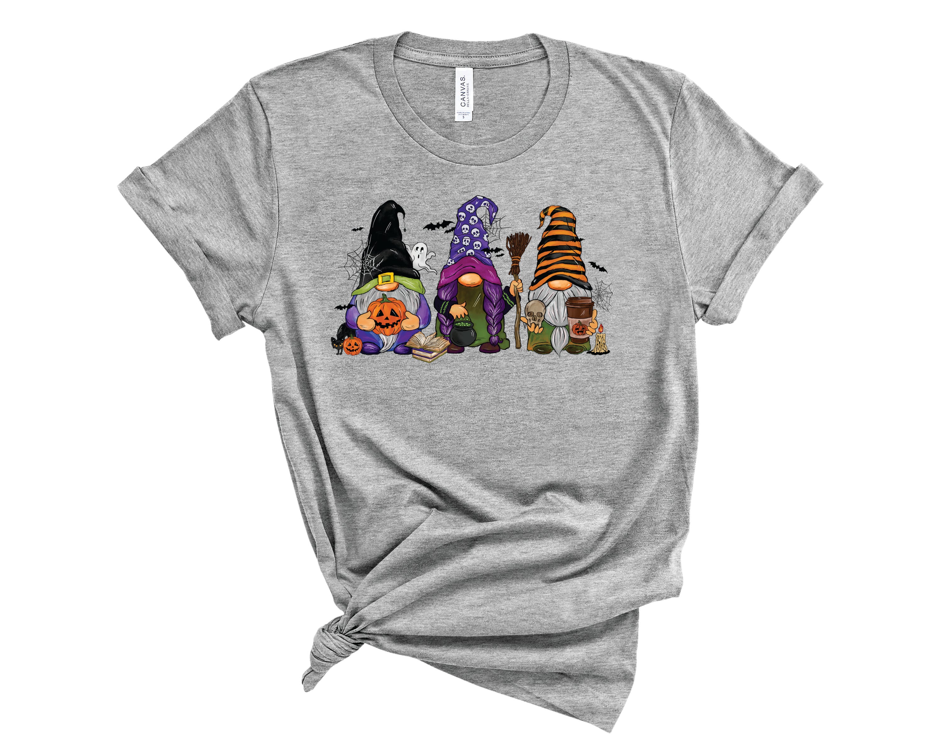 A unisex Halloween Gnomes graphic tee featuring playful gnome designs in festive colors.