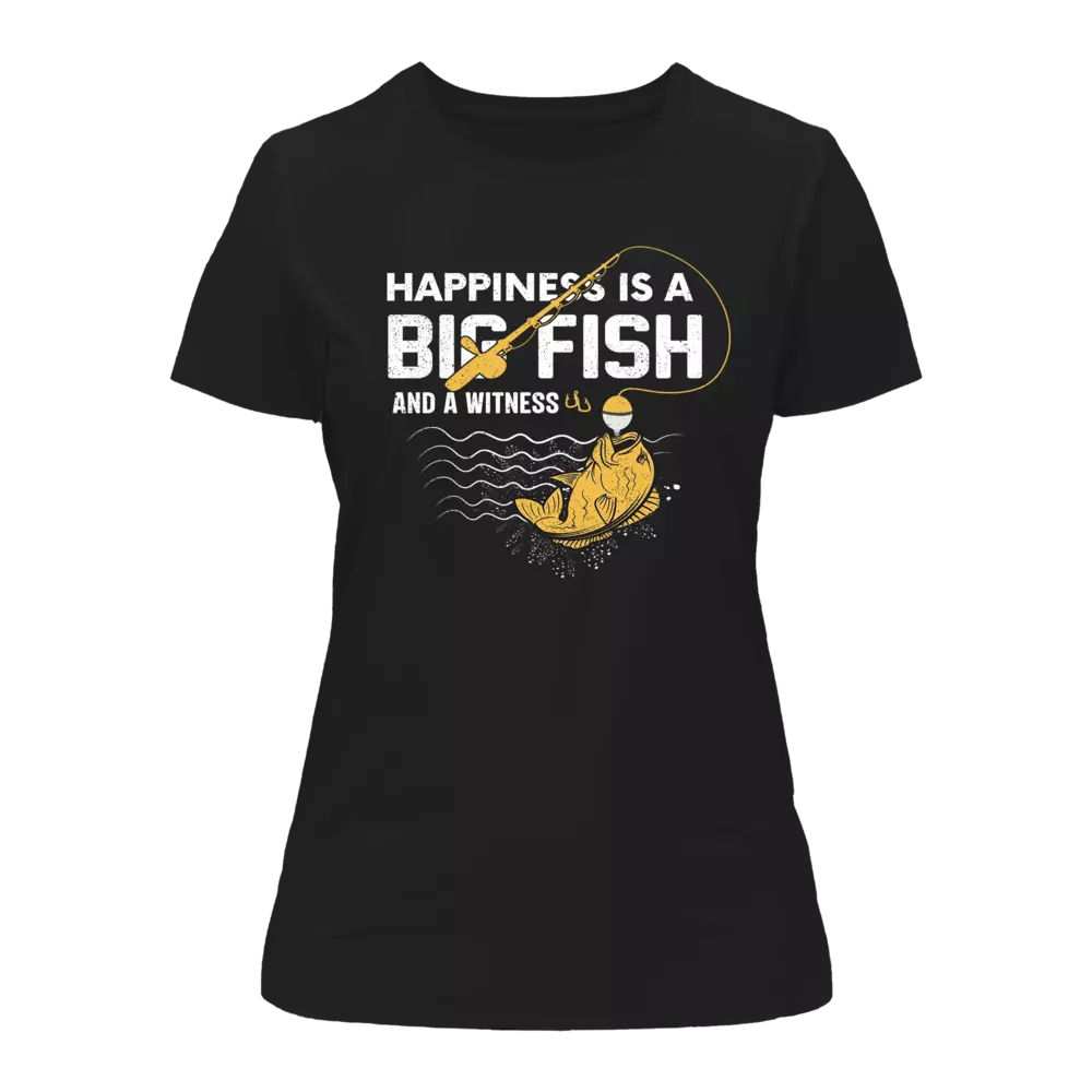 A stylish women's t-shirt featuring the phrase 'Happiness Is A Big Fish', made from soft Ringspun Cotton, perfect for casual wear.
