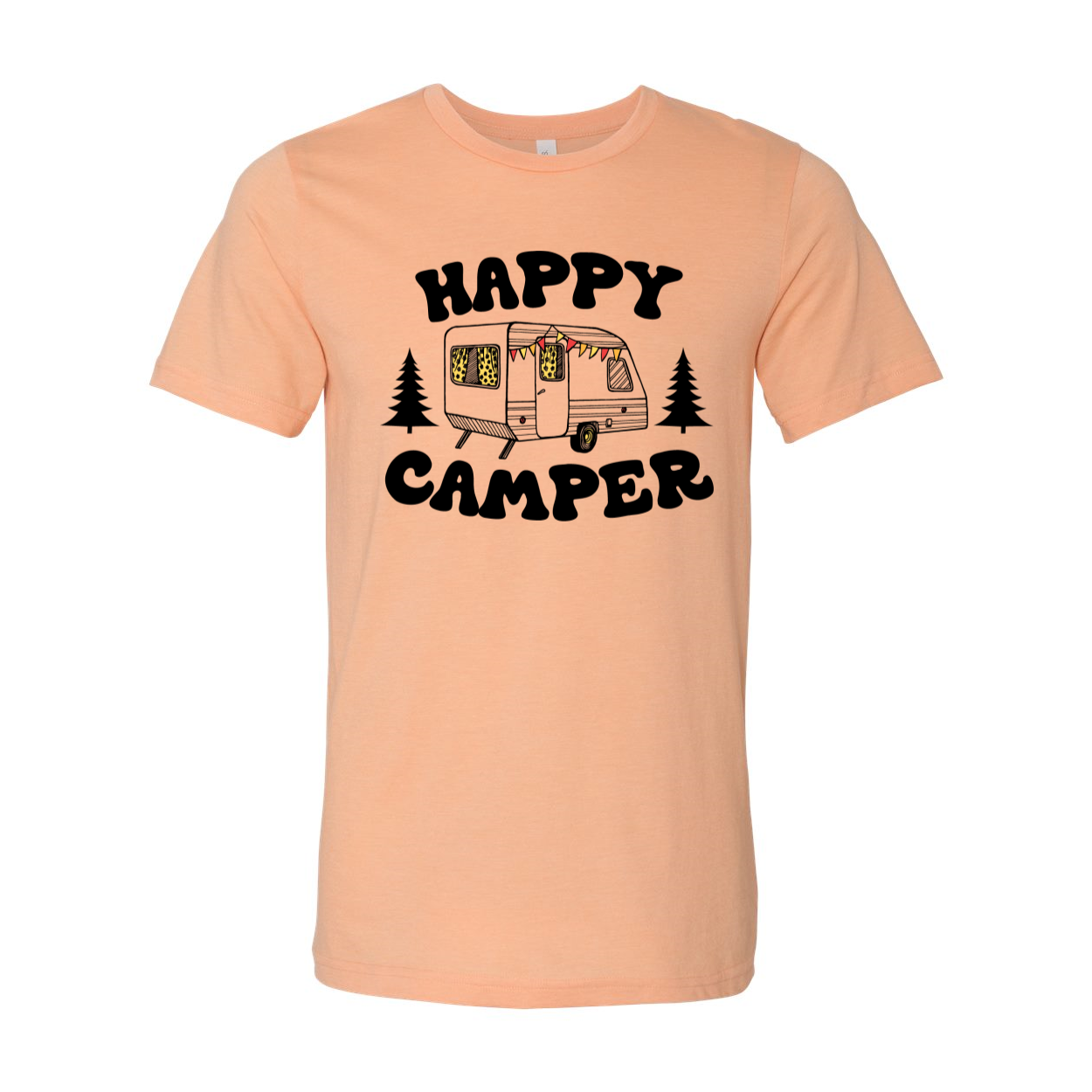 Happy Camper T-shirt in various sizes, showcasing its unisex design and soft fabric.