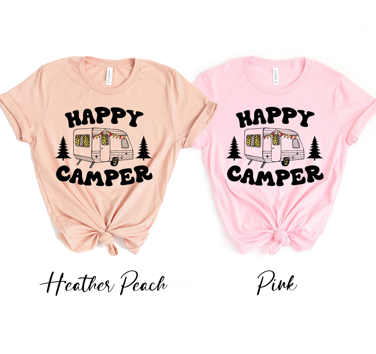 Happy Camper T-shirt in various sizes, showcasing its unisex design and soft fabric.