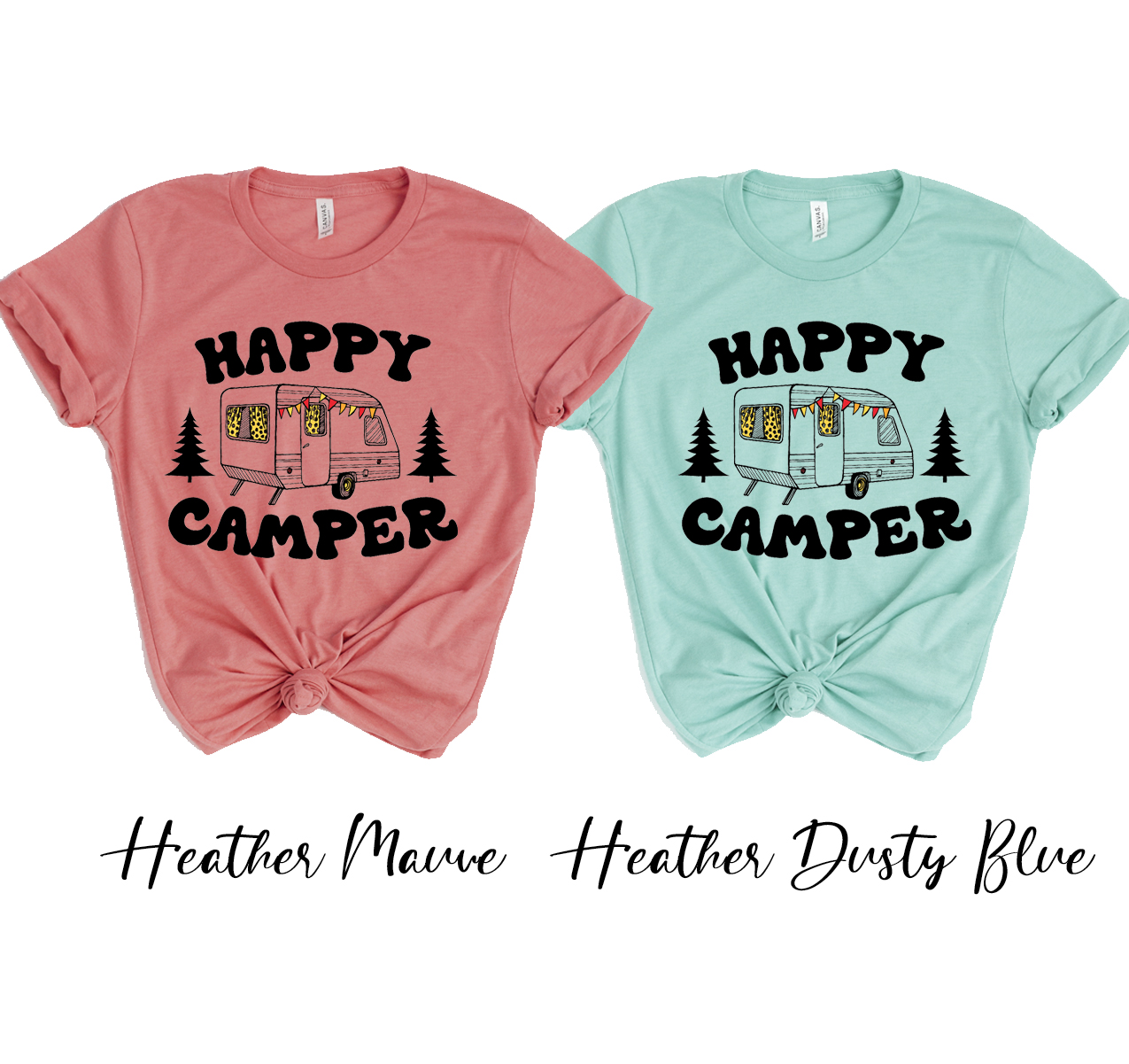 Happy Camper T-shirt in various sizes, showcasing its unisex design and soft fabric.