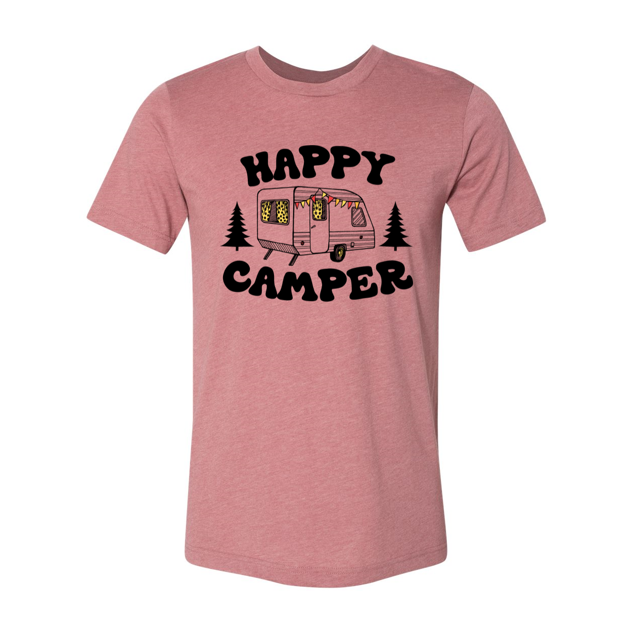 Happy Camper T-shirt in various sizes, showcasing its unisex design and soft fabric.