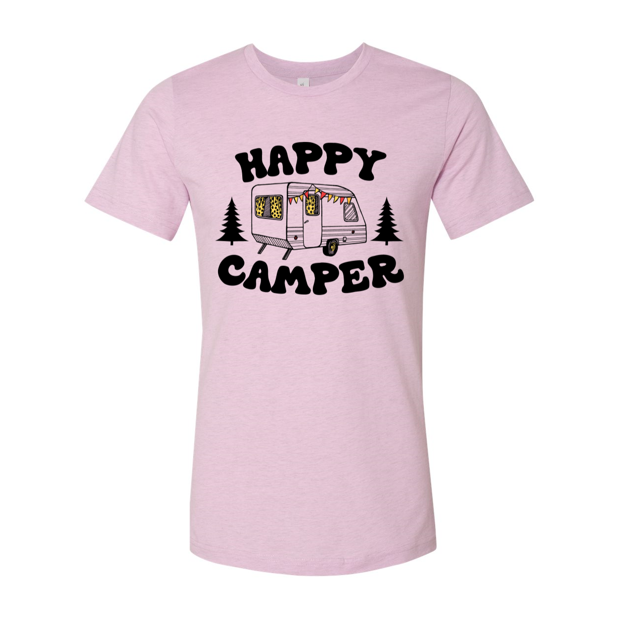 Happy Camper T-shirt in various sizes, showcasing its unisex design and soft fabric.