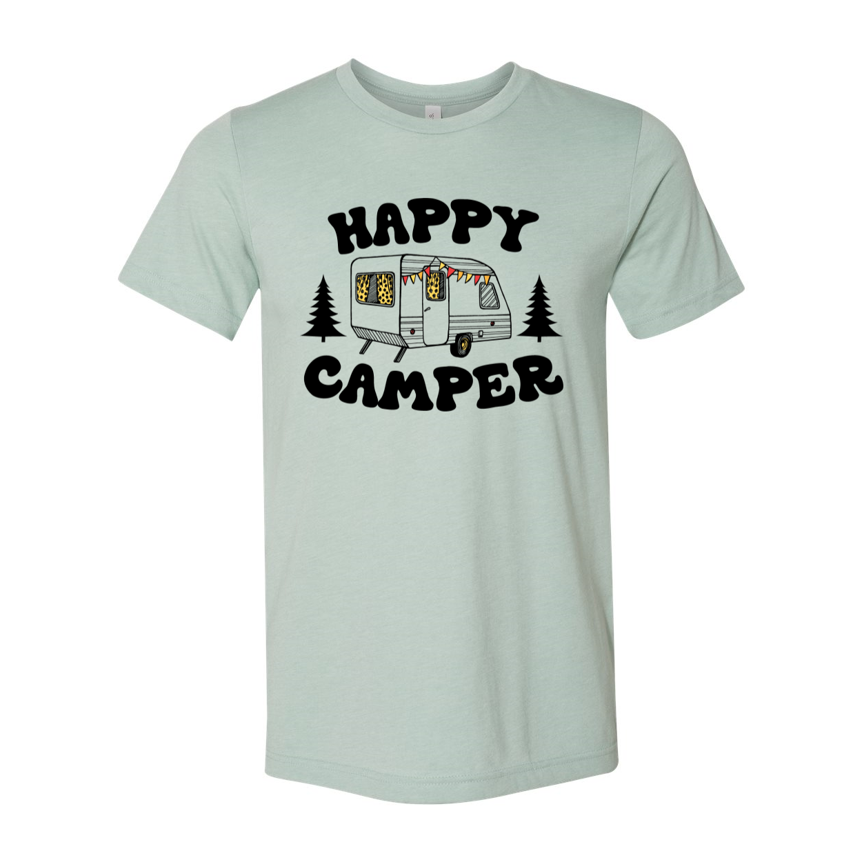 Happy Camper T-shirt in various sizes, showcasing its unisex design and soft fabric.