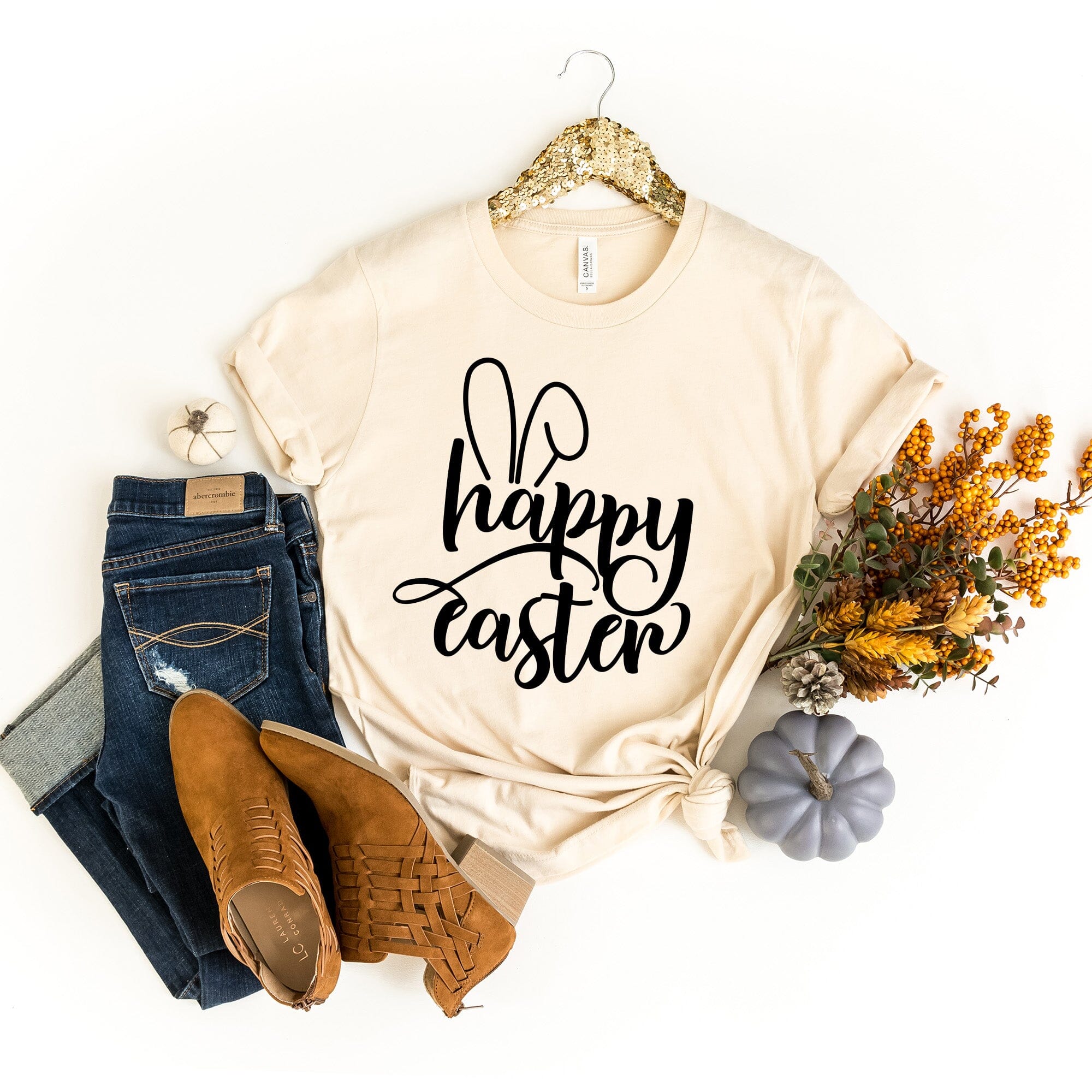 Happy Easter Bunny Ears T-Shirt featuring a cute bunny ears design, made from soft Ringspun Cotton fabric.