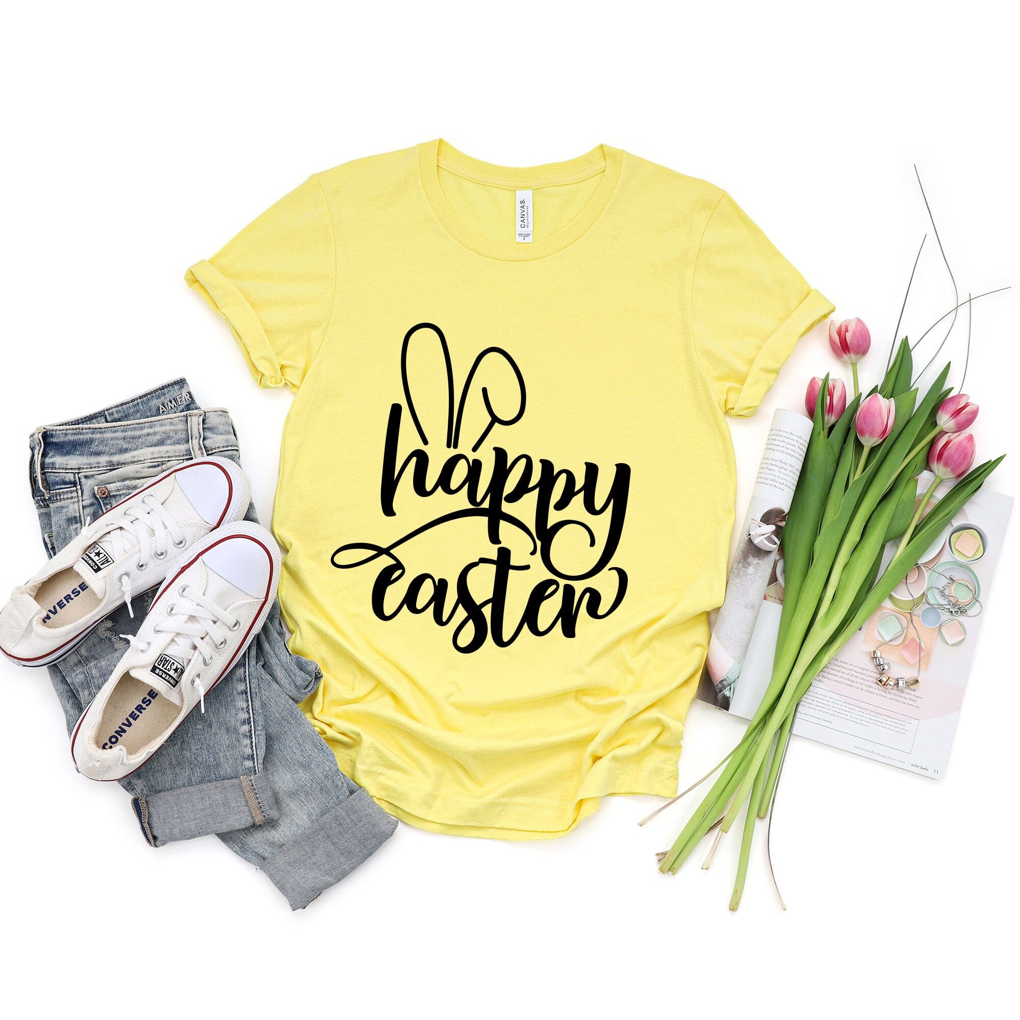 Happy Easter Bunny Ears T-Shirt featuring a cute bunny ears design, made from soft Ringspun Cotton fabric.