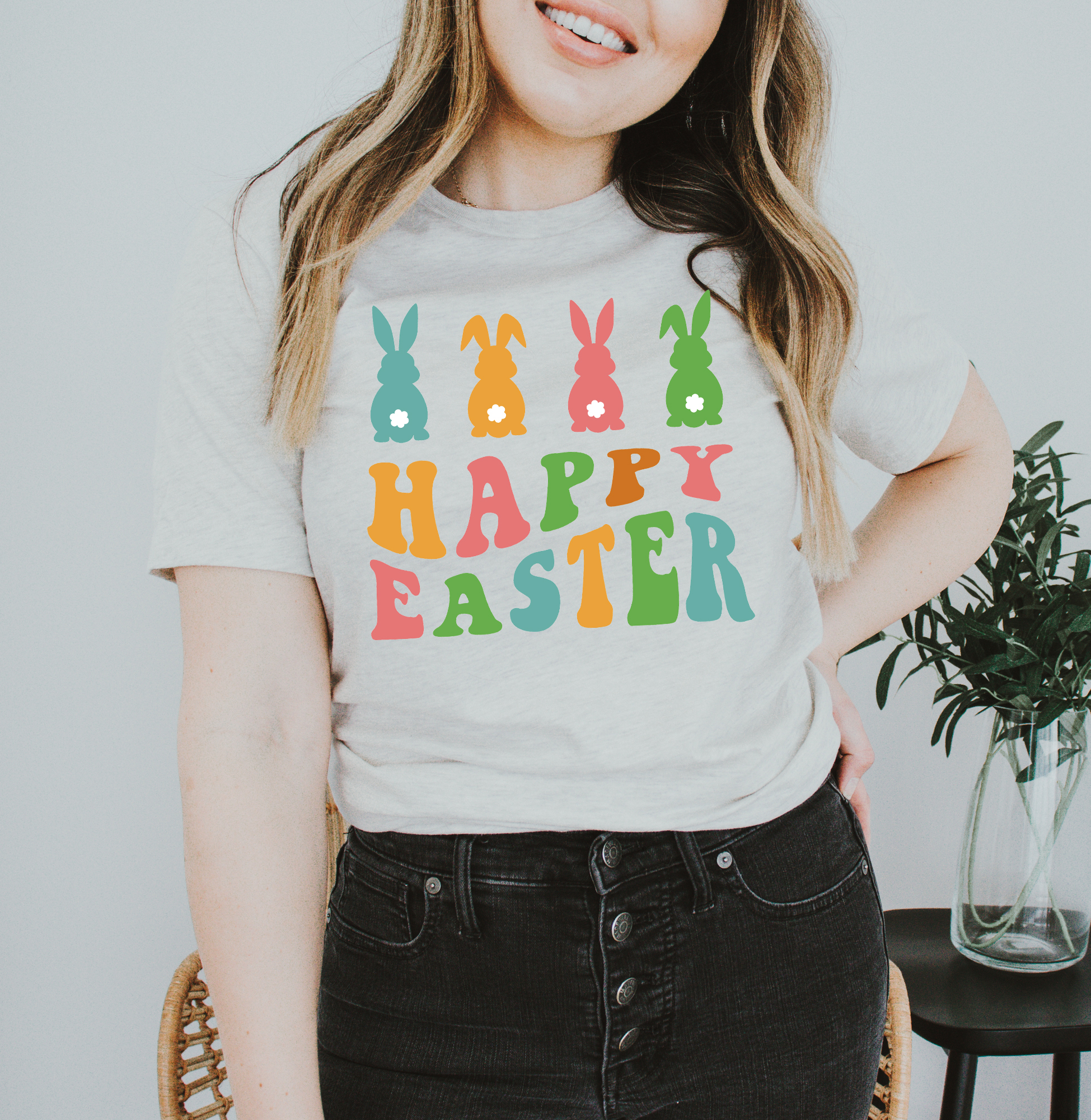 Happy Easter T-shirt made from premium ring spun cotton with vibrant print, available in various sizes.