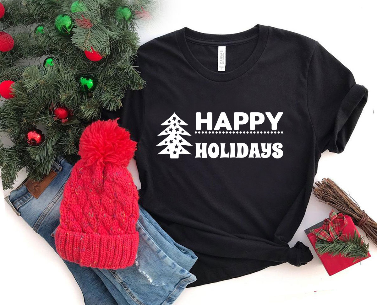 Happy Holidays Shirt in various colors, showcasing its unisex design and soft fabric.