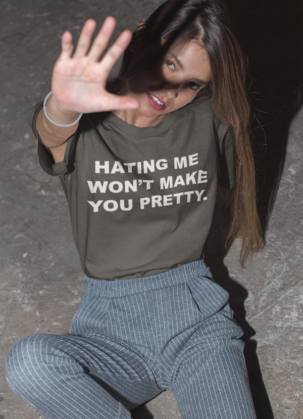 Hating Me Women T-shirt featuring unique artistic design on soft ringspun cotton fabric, perfect for casual wear.