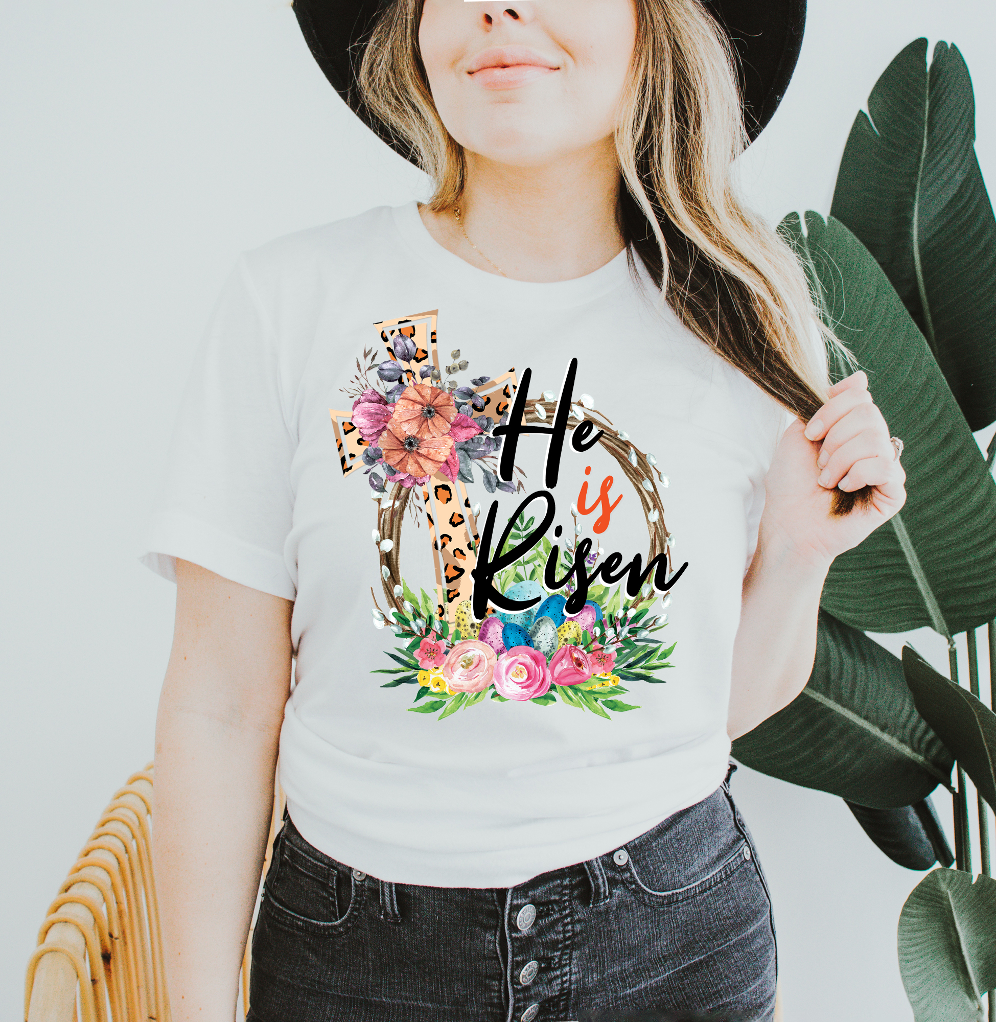 He Is Risen T-shirt made of premium ring spun cotton with a vibrant flex print design, showcasing a comfortable fit.