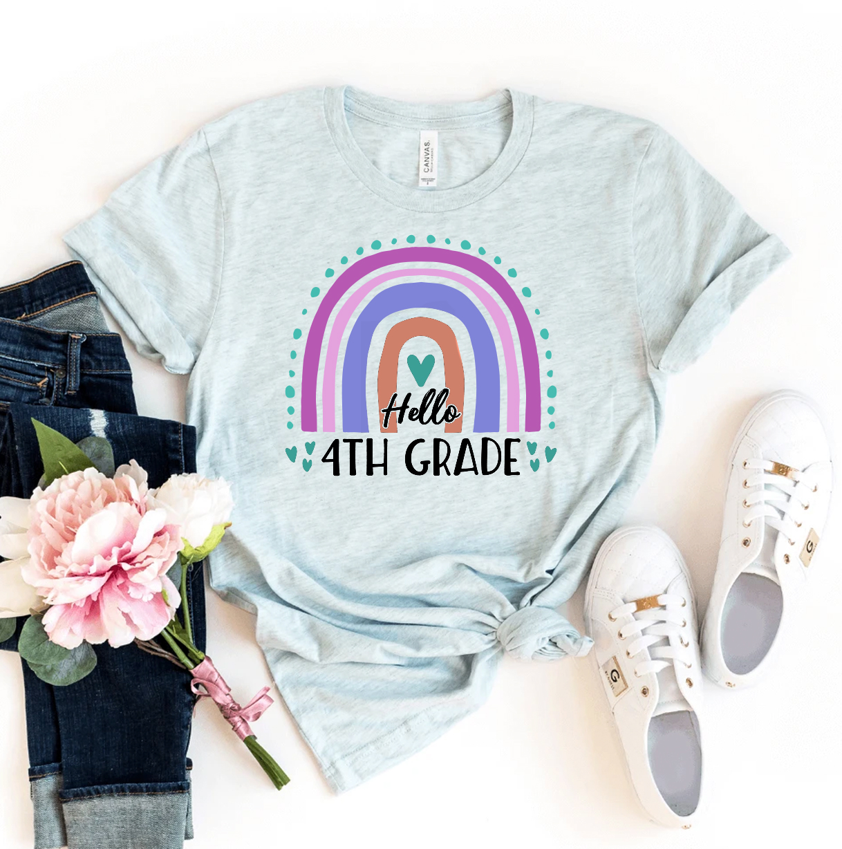Hello 4th Grade T-shirt made of premium ring spun cotton, featuring a vibrant design and available in multiple sizes.