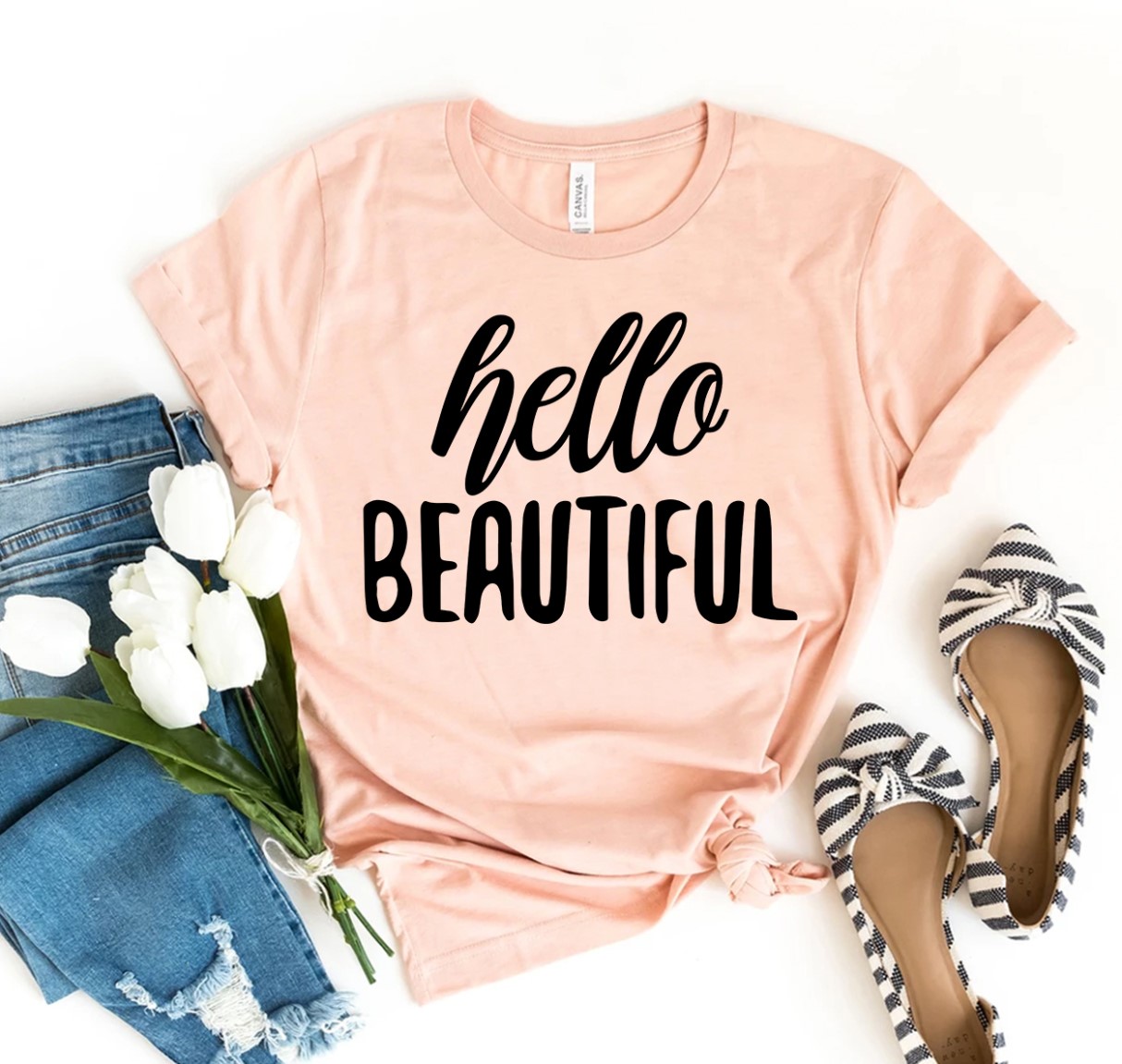Hello Beautiful T-shirt made of premium ring spun cotton with a stylish design and soft textile flex print.
