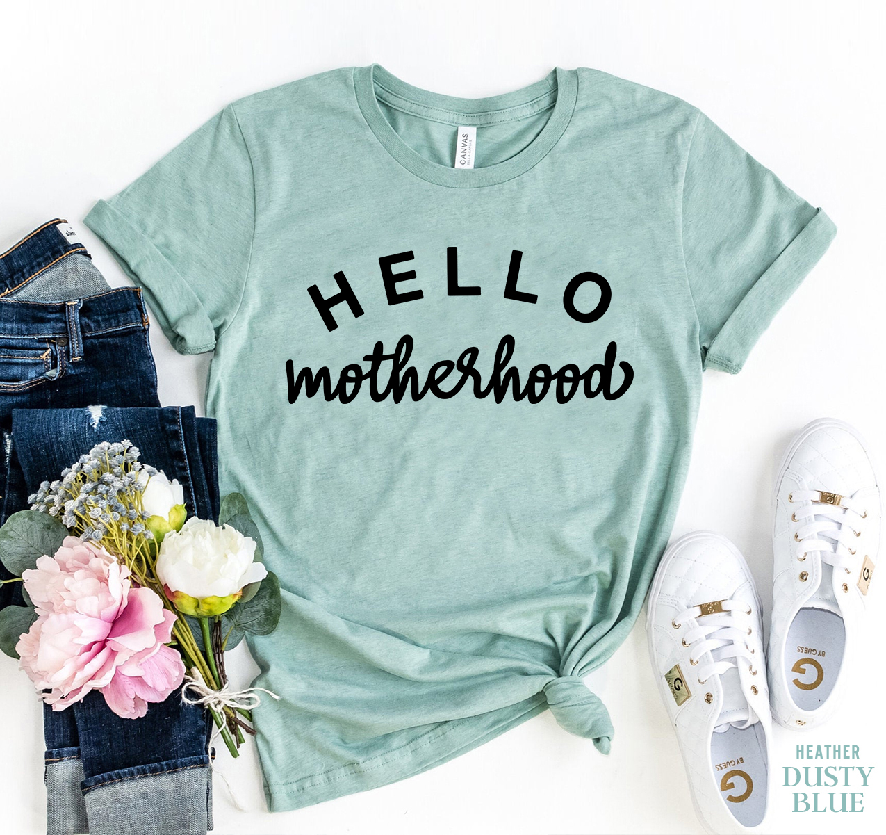 Hello Motherhood T-shirt made from premium ring spun cotton, featuring a soft textile flex print design in a comfortable retail fit.