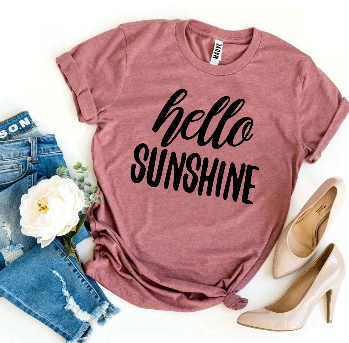 Hello Sunshine T-shirt made from premium ring spun cotton with a vibrant print, showcasing its comfortable fit and stylish design.