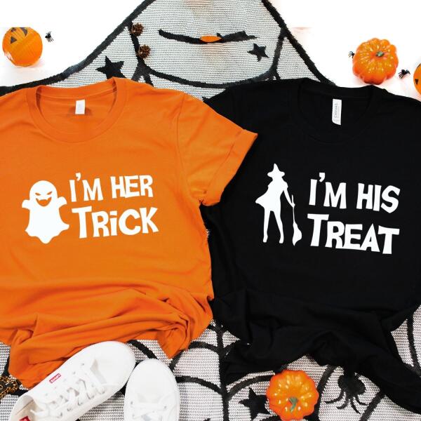 His Trick and Her Treat Couples Halloween Tees displayed on a neutral background, showcasing their fun Halloween-themed designs.