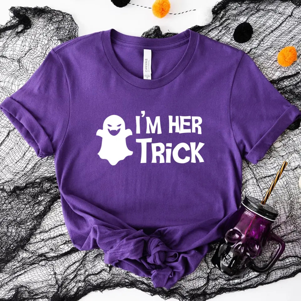 His Trick and Her Treat Couples Halloween Tees displayed on a neutral background, showcasing their fun Halloween-themed designs.