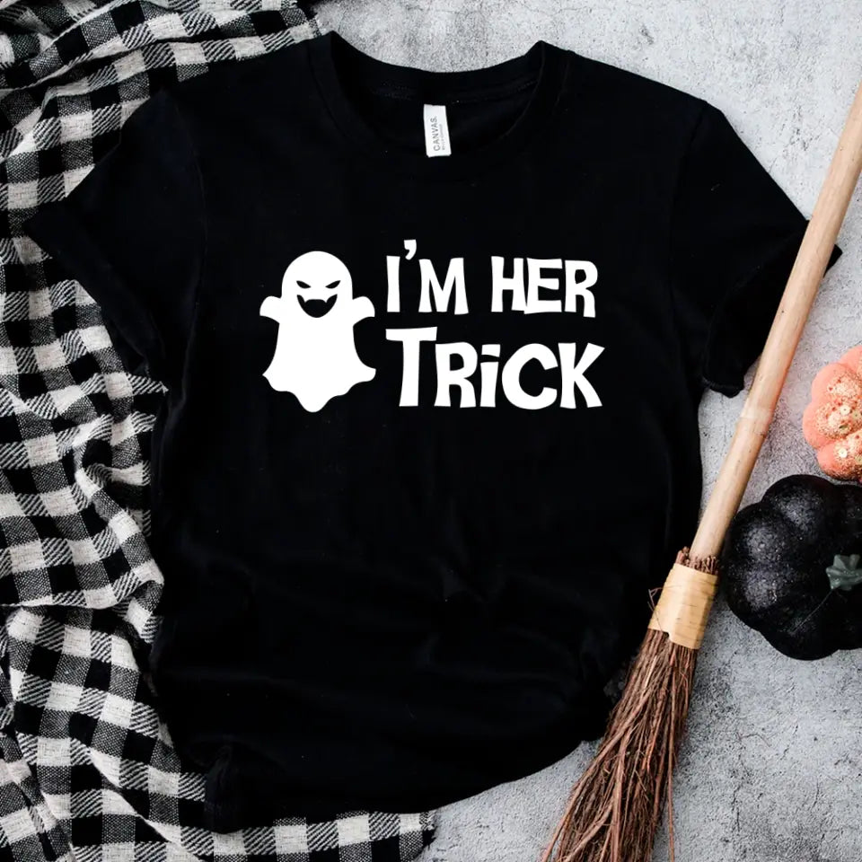 His Trick and Her Treat Couples Halloween Tees displayed on a neutral background, showcasing their fun Halloween-themed designs.