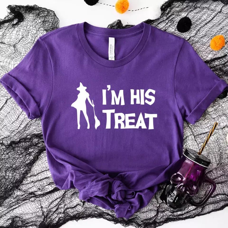 His Trick and Her Treat Couples Halloween Tees displayed on a neutral background, showcasing their fun Halloween-themed designs.