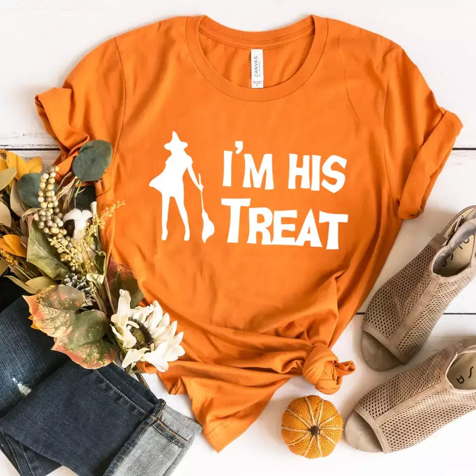 His Trick and Her Treat Couples Halloween Tees displayed on a neutral background, showcasing their fun Halloween-themed designs.