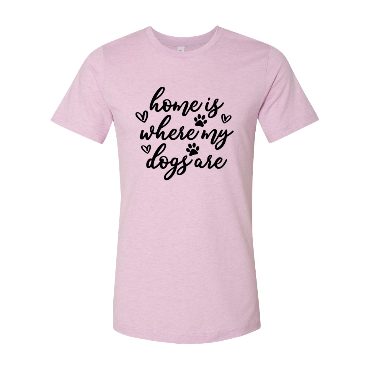 A comfortable unisex T-shirt featuring the phrase 'Home Is Where My Dogs Are', made from soft ring spun cotton, available in multiple colors.