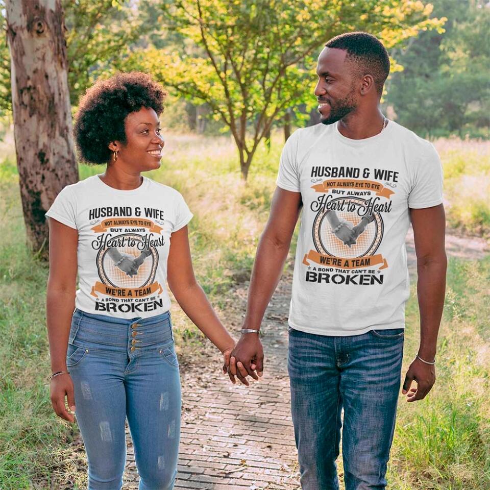 Husband & Wife Heart To Heart T-Shirt displayed on a neutral background, showcasing its comfortable fabric and modern design.