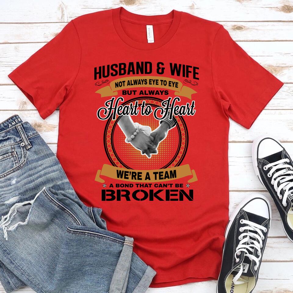 Husband & Wife Heart To Heart T-Shirt displayed on a neutral background, showcasing its comfortable fabric and modern design.