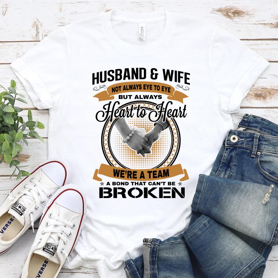 Husband & Wife Heart To Heart T-Shirt displayed on a neutral background, showcasing its comfortable fabric and modern design.