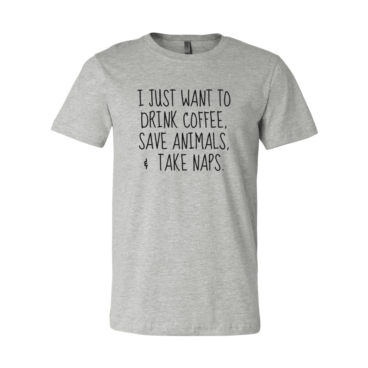 Unisex T-shirt featuring the phrase 'I Just Want To Drink Coffee, Save Animals' in a stylish design, available in multiple colors.