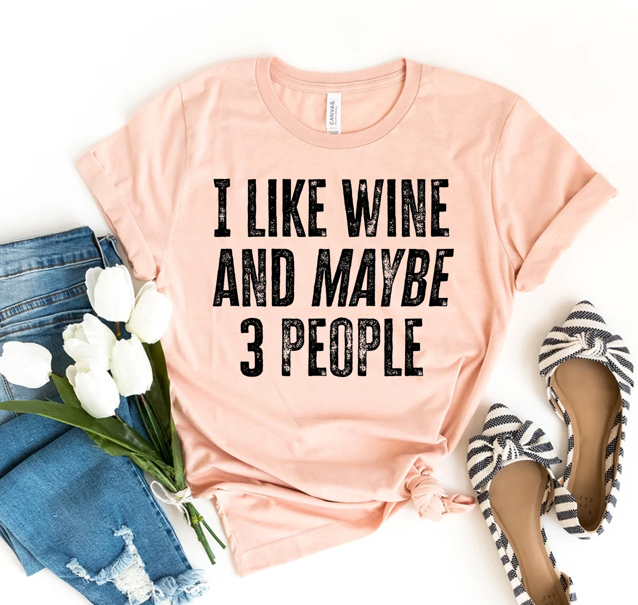 I Like Wine And Maybe Three People T-shirt in premium ring spun cotton, featuring a humorous wine-themed design.