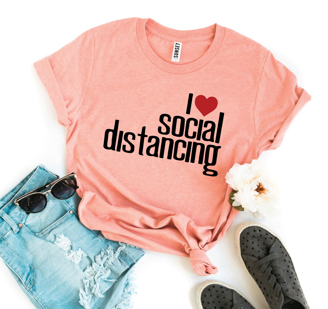 I Love Social Distancing T-shirt made of soft ring spun cotton with a stylish print design.