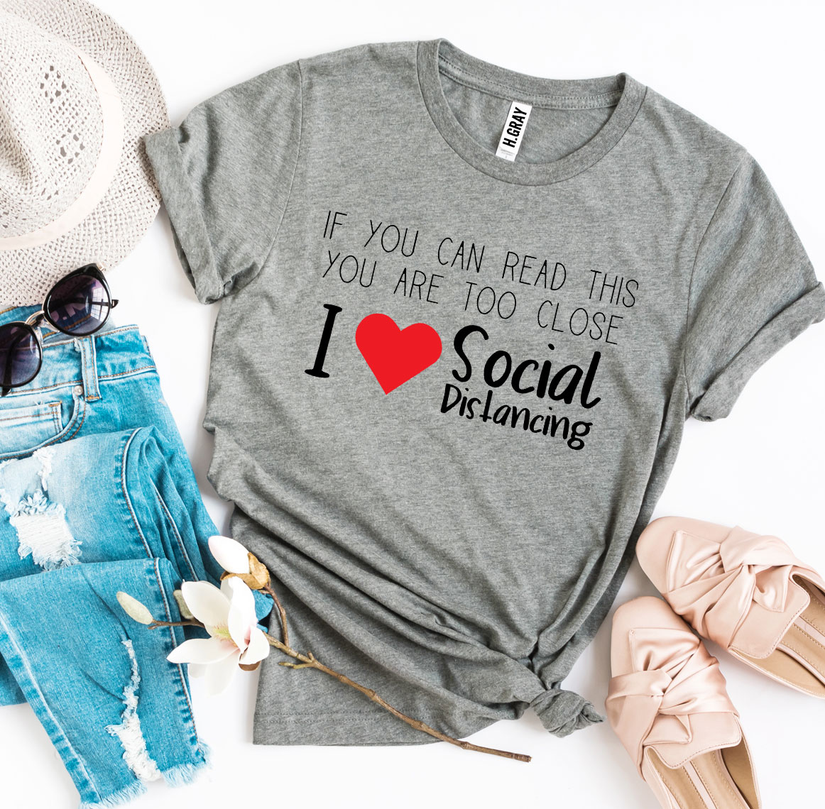 I Love Social Distancing T-shirt made of soft ring spun cotton with a vibrant print, available in various sizes.