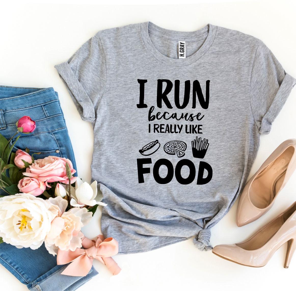 I Run Because I Really Like Food T-shirt in various sizes, showcasing premium quality cotton and vibrant print.