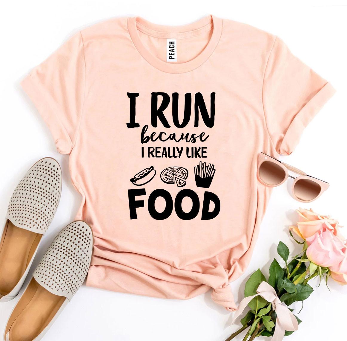 I Run Because I Really Like Food T-shirt in various sizes, showcasing premium quality cotton and vibrant print.