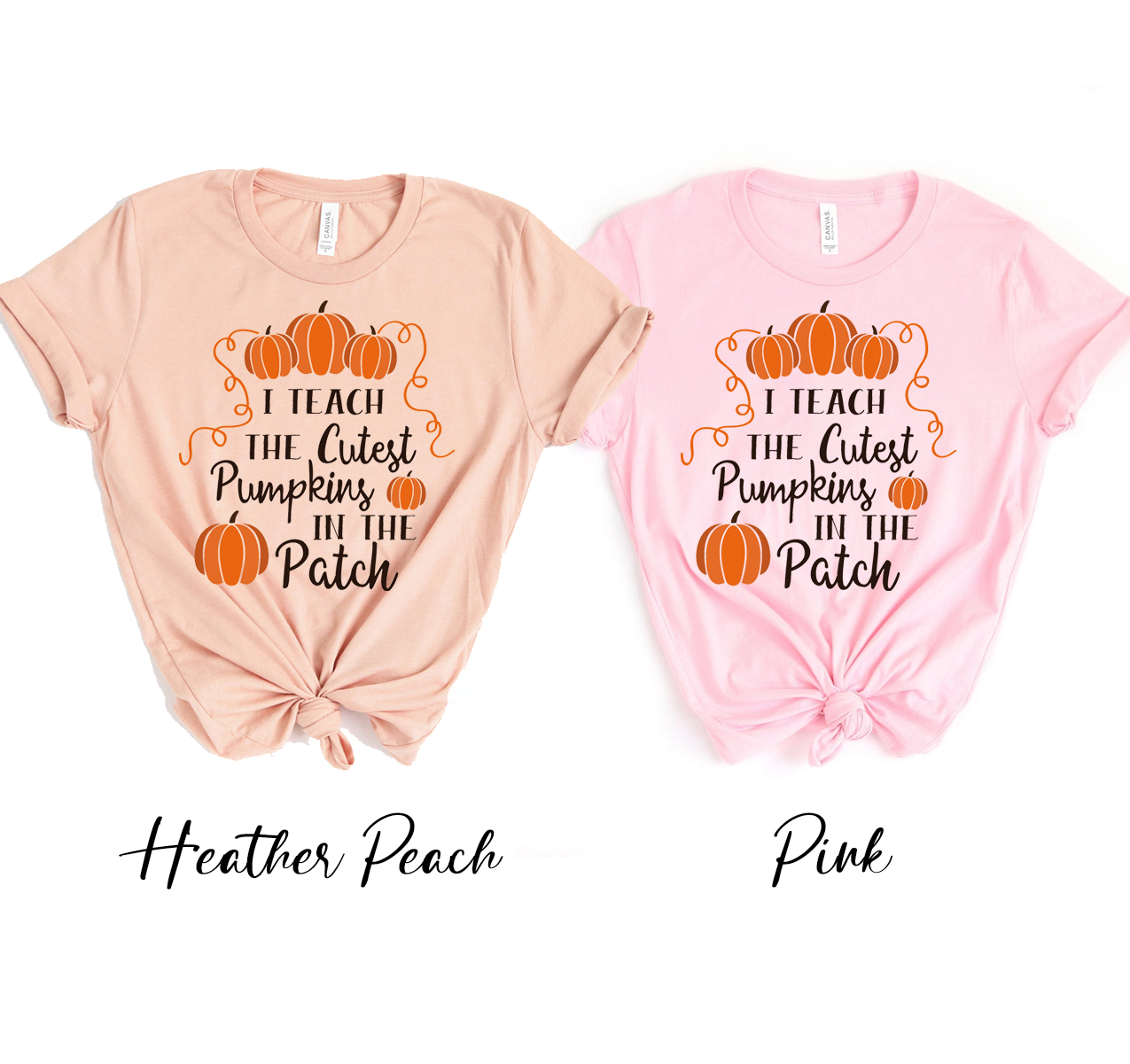 I Teach the Cutest Pumpkins T-shirt displayed on a mannequin, featuring a fun pumpkin design, perfect for teachers and fall enthusiasts.