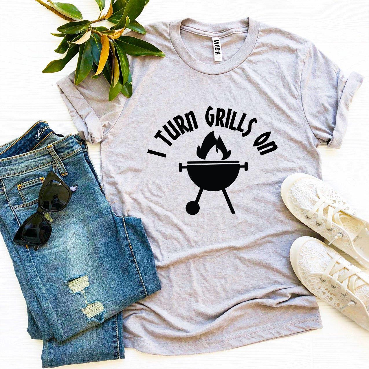 I Turn Grills On T-shirt made of premium ring spun cotton with a vibrant flex print design.