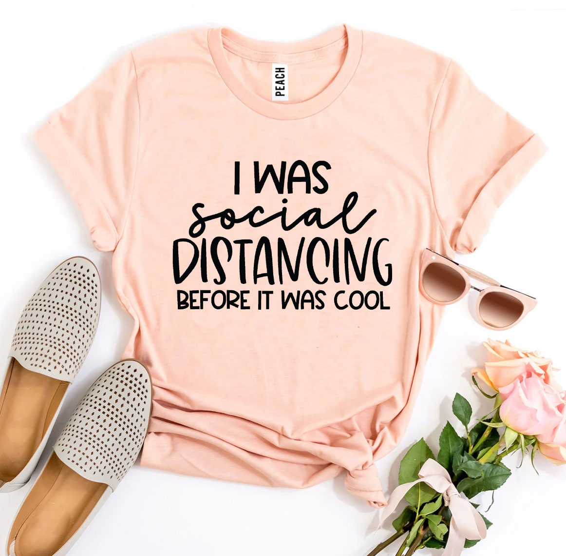I Was Social Distancing T-shirt made of premium ring spun cotton with a humorous design, available in various sizes.