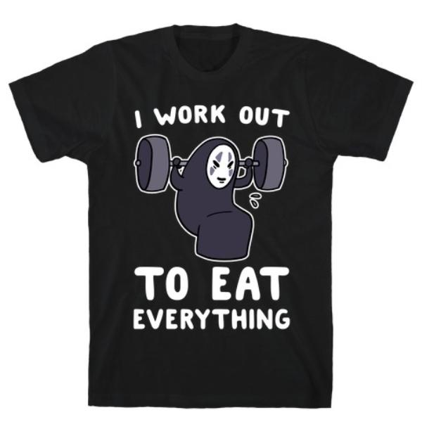I WORK OUT TO EAT EVERYTHING T-shirt featuring a motivational slogan, made from soft ringspun cotton, perfect for workouts and casual wear.