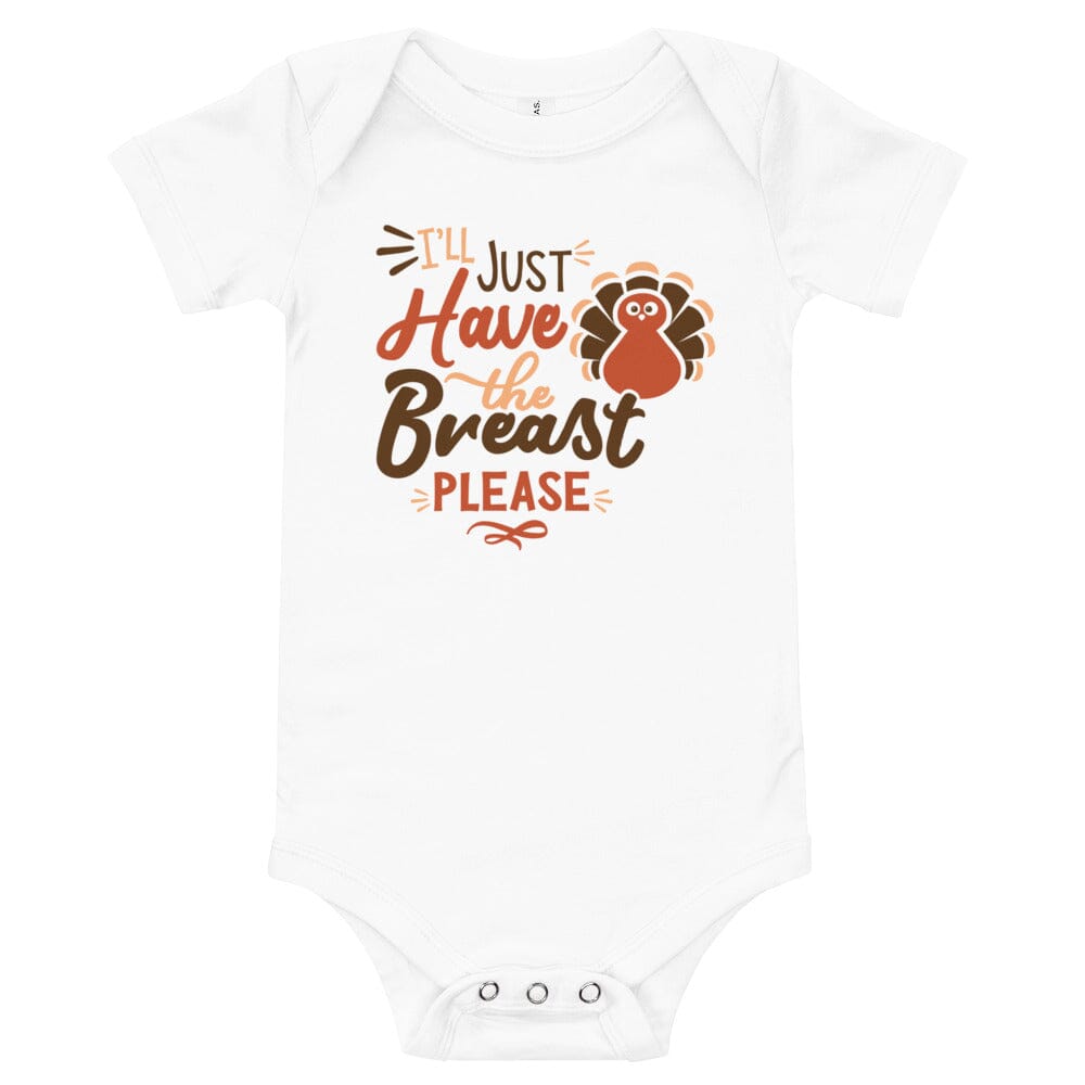 A cute baby wearing the 'I'll Have The Breast Please!' onesie, showcasing its fun design and vibrant color.