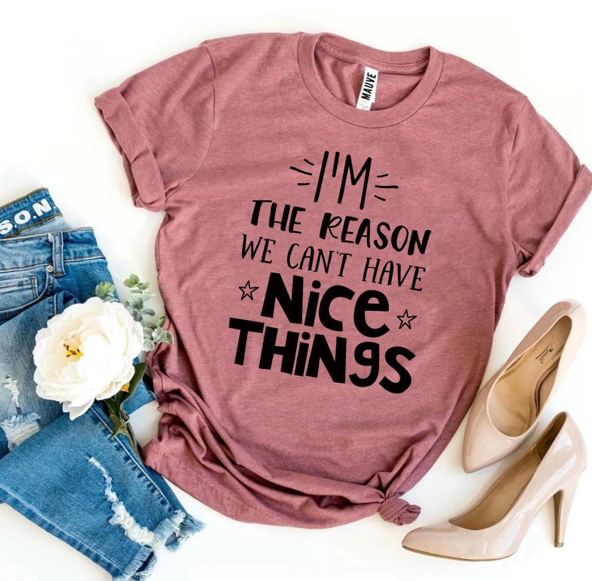 A stylish black t-shirt featuring the phrase 'I’m The Reason We Can’t Have Nice Things' printed in bold letters, made from soft ring spun cotton.