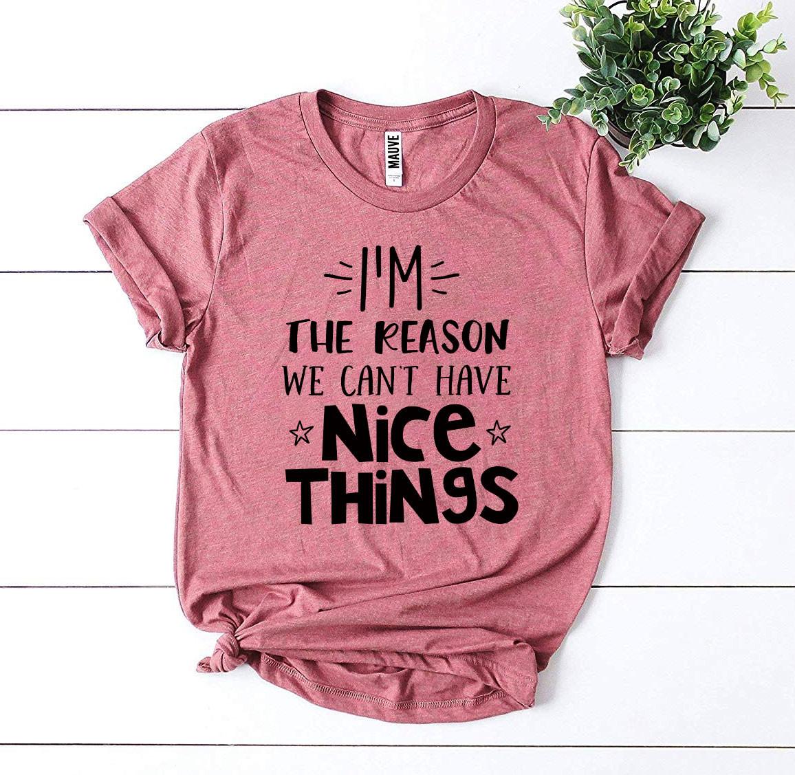 A stylish black t-shirt featuring the phrase 'I’m The Reason We Can’t Have Nice Things' printed in bold letters, made from soft ring spun cotton.