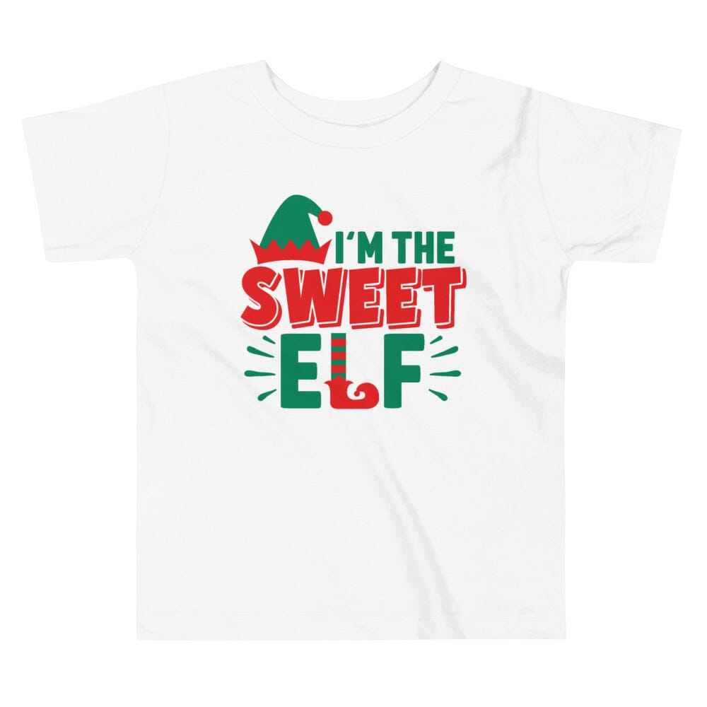 Toddler wearing I'm The Sweet Elf Christmas Tee, featuring a playful elf design, perfect for holiday celebrations.