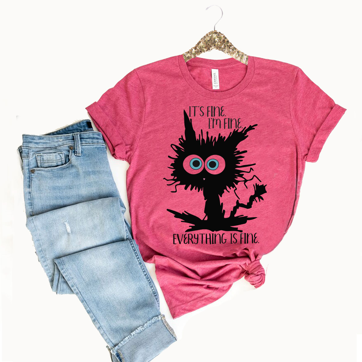 A stylish unisex T-shirt featuring the phrase 'It's Fine I'm Fine Everything's Fine' in a vibrant print, made from soft ring spun cotton.