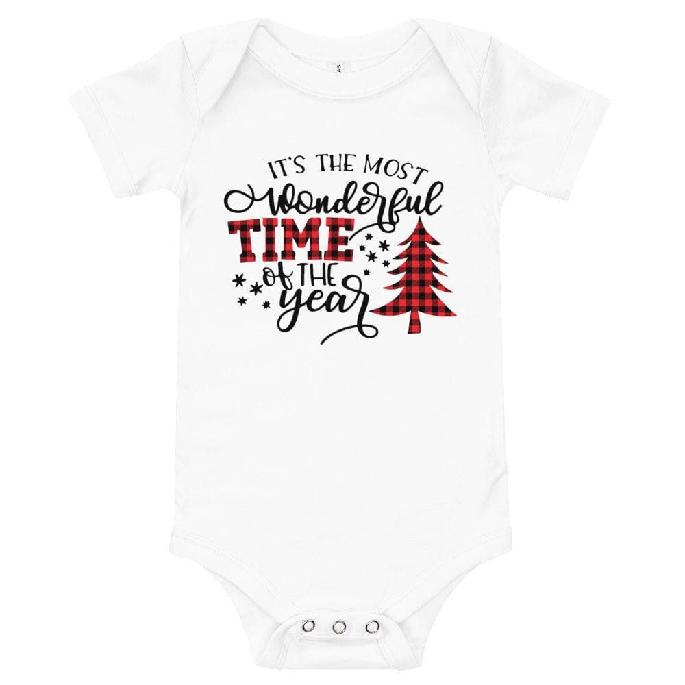 A cozy and cute holiday-themed onesie for babies, featuring a festive design that reads 'It's The Most Wonderful Time Of The Year'.