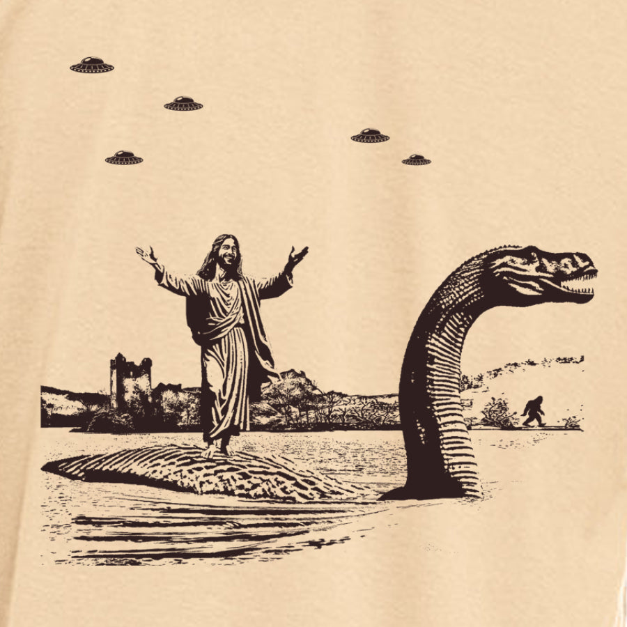Men's T-shirt featuring Jesus Christ riding the Loch Ness Monster, hand printed with eco-friendly ink.