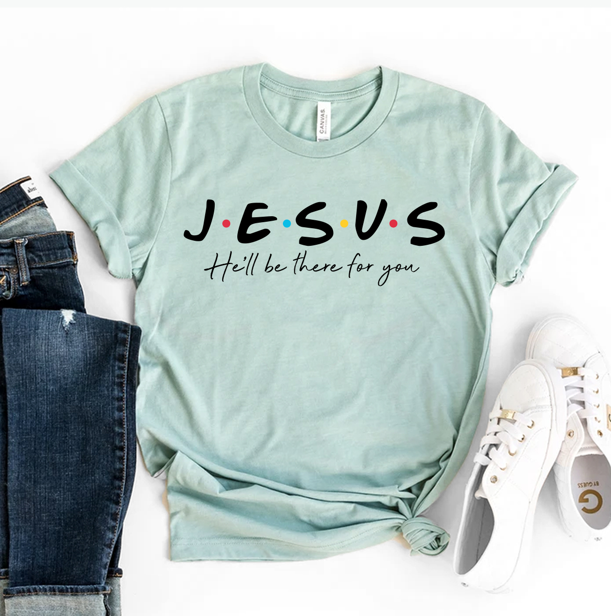 Jesus He'll Be There For You T-shirt made of premium ring spun cotton with a vibrant print, showcasing a stylish design.