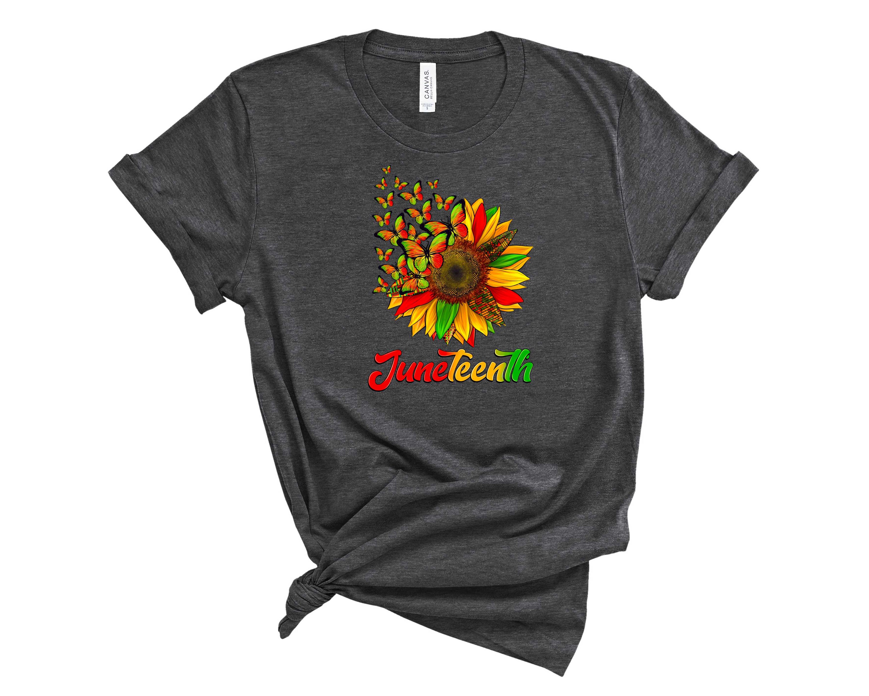 Juneteenth Sunflower and Butterflies Graphic Tee featuring vibrant sunflower and butterfly designs on a unisex t-shirt.