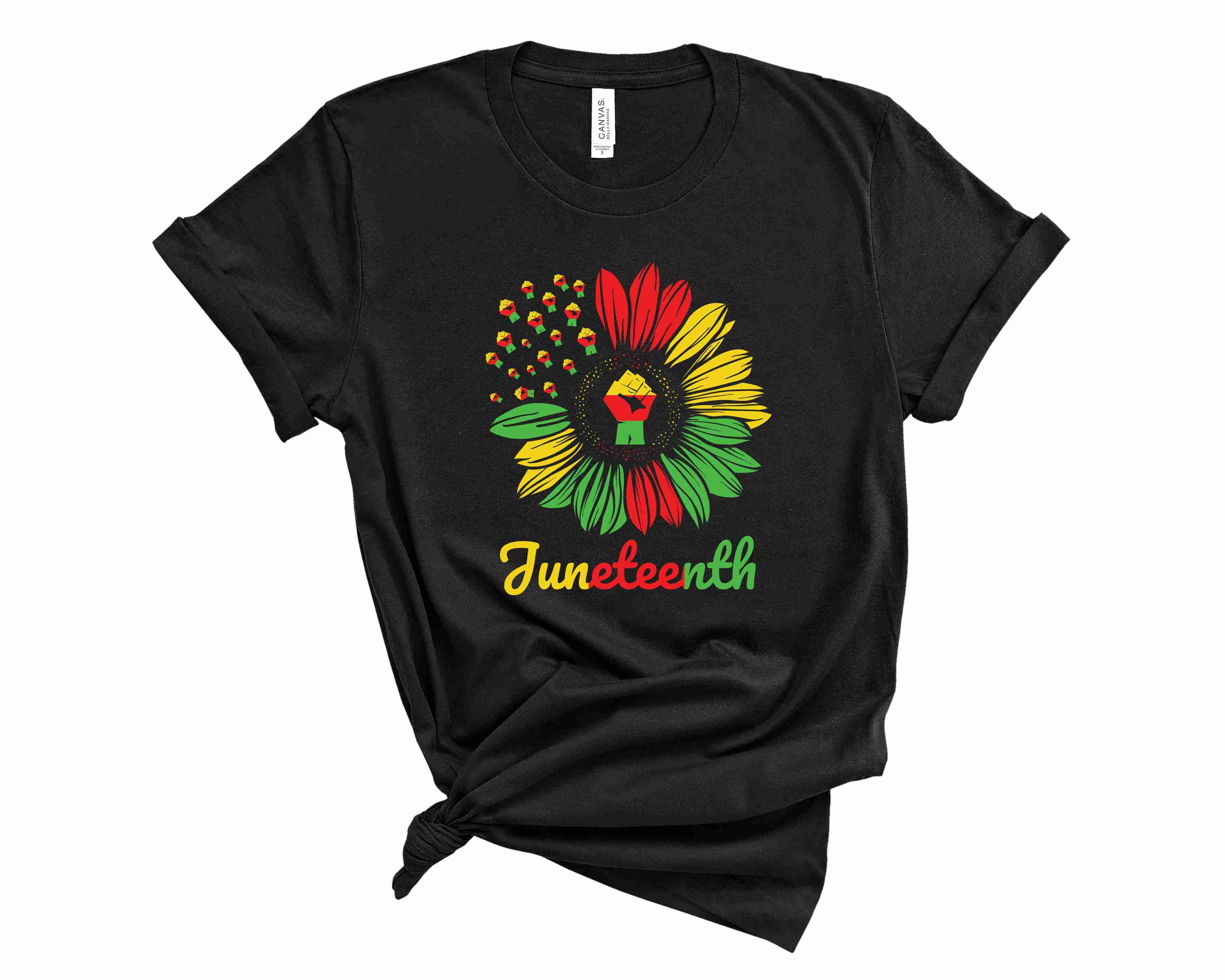 Juneteenth Sunflower Graphic Tee featuring a vibrant sunflower design on a unisex t-shirt.